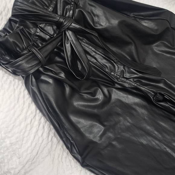 Pants - Faux Leather Paperbag Waist Tie Pants - Black